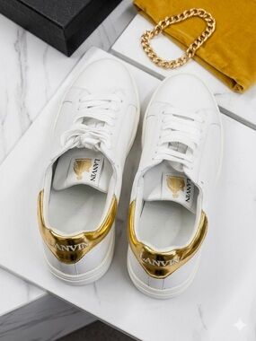 Lanvin White Leather Sneakers with Gold Heel Accents